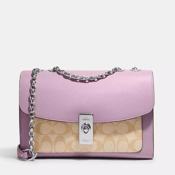 NWT Coach Lane Shoulder Bag In Signature Canvas/PebbleLeather/ Khaki-Purple - Picture 1 of 12